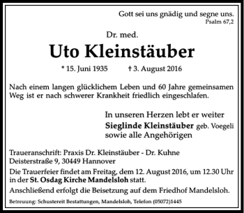 Traueranzeige von Uto Kleinstäuber von HAZ/NP