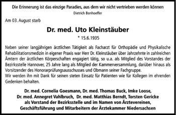 Traueranzeige von Uto kleinstäuber von HAZ/NP