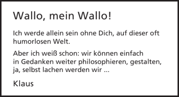 Traueranzeige von Wallo Wallo von Lübecker Nachrichten