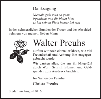 Traueranzeige von Walter Preuhs von Ostsee-Zeitung