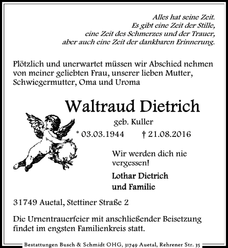  Traueranzeige für Waltraud Dietrich vom 24.08.2016 aus Schaumburger Nachrichten