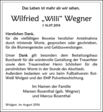 Traueranzeige von Wilfried Wegner von Ostsee-Zeitung