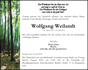 Traueranzeige von Wolfgang Weilandt von Ostsee-Zeitung