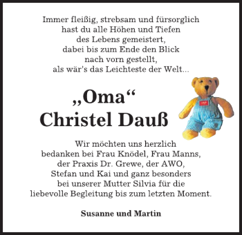 Traueranzeige von 'Oma' Christel Dauß von Kieler Nachrichten / Segeberger Zeitung