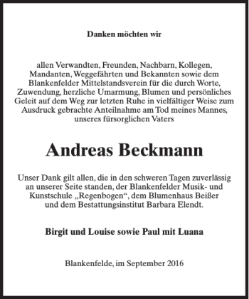 Traueranzeige von Andreas Beckmann von MAZ-Trauer.de