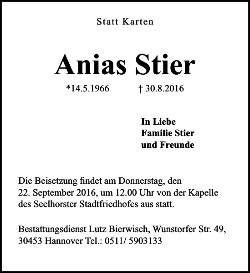 Traueranzeige für Anias Stier vom 17.09.2016 aus HAZ/NP
