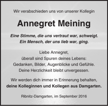 Traueranzeige von Annegret Meining von Ostsee-Zeitung
