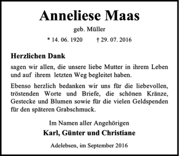 Traueranzeige von Anneliese Maas von Göttinger Tageblatt