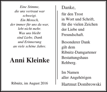 Traueranzeige von Anni Kleinke von Ostsee-Zeitung