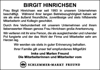 Traueranzeige von BIRGIT HINRICHSEN von Kieler Nachrichten / Segeberger Zeitung