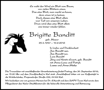 Traueranzeige von Brigitte Banditt von Kieler Nachrichten / Segeberger Zeitung