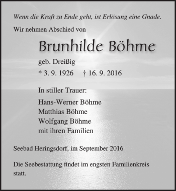 Traueranzeige von Brunhilde Böhme von Ostsee-Zeitung