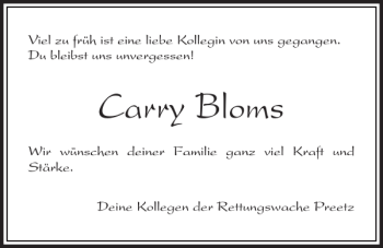 Traueranzeige von Carry Bloms von Kieler Nachrichten / Segeberger Zeitung