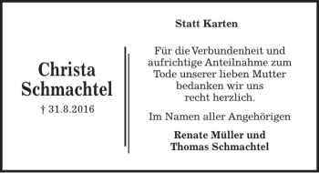Traueranzeige von Christa Schmachtel von Kieler Nachrichten / Segeberger Zeitung