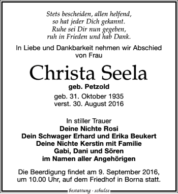 Traueranzeige von Christa Seela von Leipziger Volkszeitung