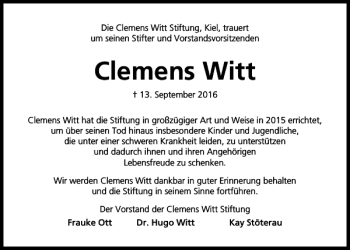 Traueranzeige von Clemens Witt von Kieler Nachrichten / Segeberger Zeitung