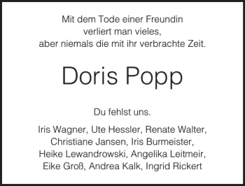 Traueranzeige von Doris Popp von Lübecker Nachrichten