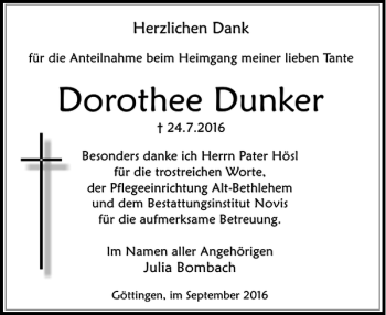 Traueranzeige von Dorothee Dunker von Göttinger Tageblatt