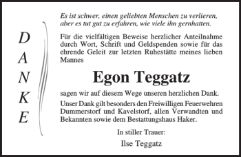 Traueranzeige von Egon Teggatz von Ostsee-Zeitung