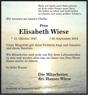 Traueranzeige von Elisabeth Wiese von Kieler Nachrichten / Segeberger Zeitung