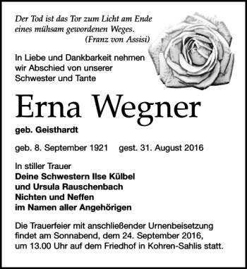 Traueranzeige von Erna Wegner von Leipziger Volkszeitung