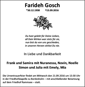 Traueranzeige von Farideh Gosch von Kieler Nachrichten / Segeberger Zeitung