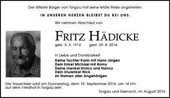 Traueranzeige von Fritz Hädicke von Torgauer Zeitung