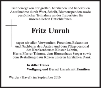 Traueranzeige von Fritz Unruh von MAZ-Trauer.de