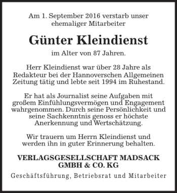 Traueranzeige von Günter Kleindienst von HAZ/NP