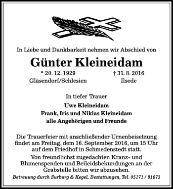 Traueranzeige von Günter Kleineidam von Peiner Allgemeine Zeitung