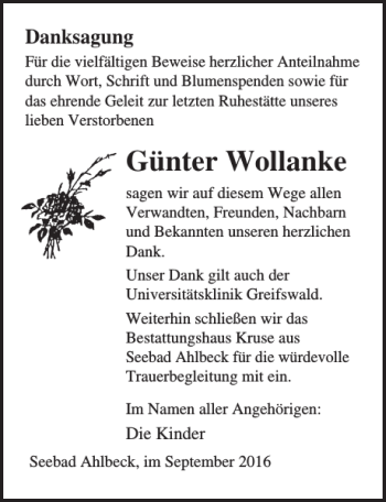 Traueranzeige von Günter Wollanke von Ostsee-Zeitung
