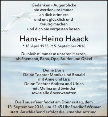 Traueranzeige von Hans-Heino Haack von Ostsee-Zeitung