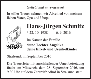 Traueranzeige von Hans-Jürgen Schmitz von Ostsee-Zeitung