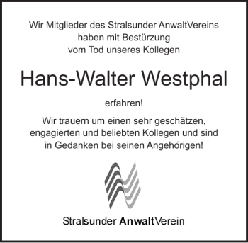 Traueranzeige von Hans-Walter Westphal von Ostsee-Zeitung