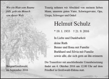 Traueranzeige von Helmut Schulz von Ostsee-Zeitung