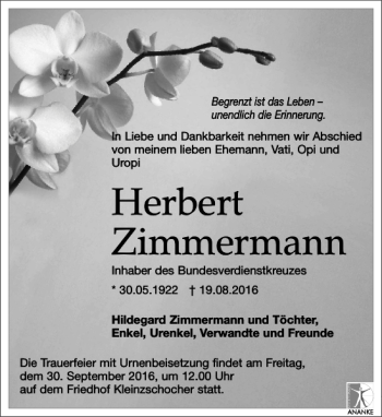 Traueranzeige von Herbert Zimmermann von Leipziger Volkszeitung
