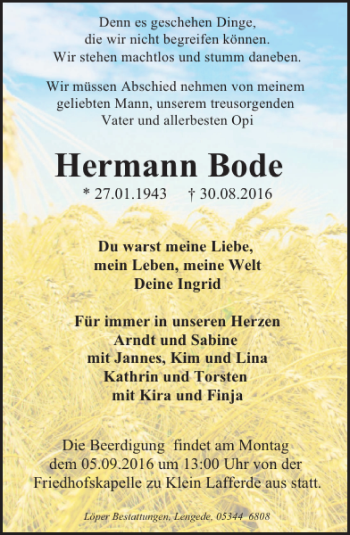 Traueranzeige von Hermann Tr Bode von Peiner Allgemeine Zeitung