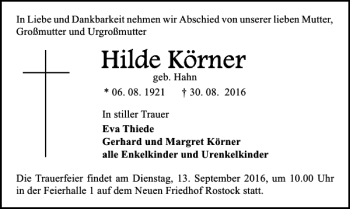 Traueranzeige von Hilde Körner von Ostsee-Zeitung