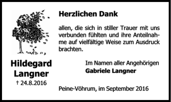 Traueranzeige von Hildegard Langner von Peiner Allgemeine Zeitung