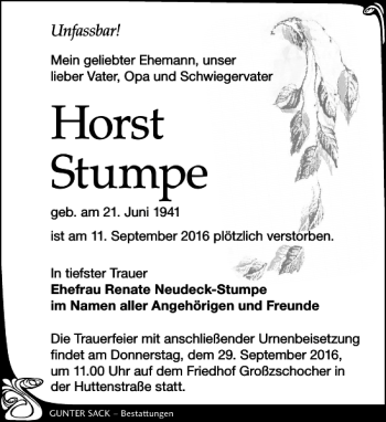 Traueranzeige von Horst Stumpe von Leipziger Volkszeitung