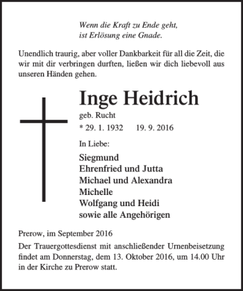 Traueranzeige von Inge Heidrich von Ostsee-Zeitung