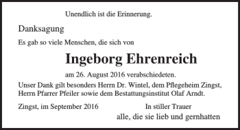 Traueranzeige von Ingeborg Ehrenreich von Ostsee-Zeitung