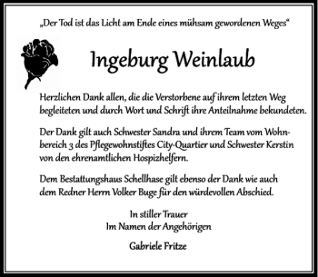 Traueranzeige von Ingeburg Weinlaub von MAZ-Trauer.de
