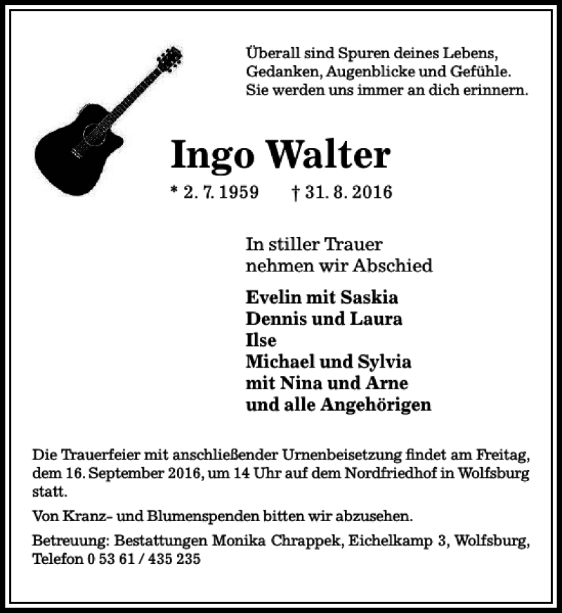  Traueranzeige für Ingo Walter vom 07.09.2016 aus Aller Zeitung / Wolfsburger Allgemeine