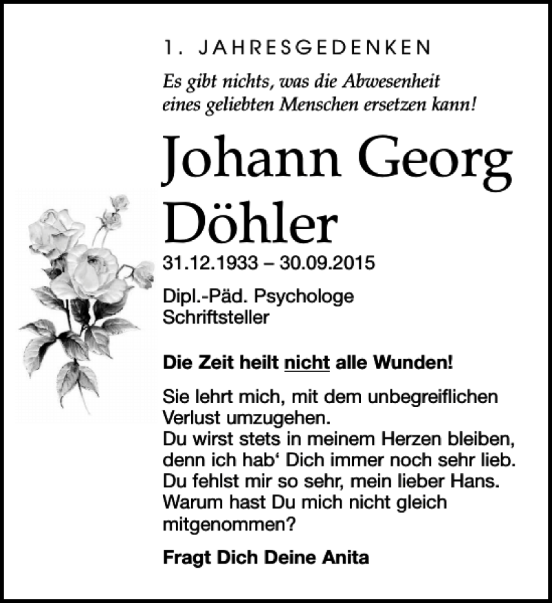  Traueranzeige für Johann Georg Döhler vom 30.09.2016 aus Leipziger Volkszeitung