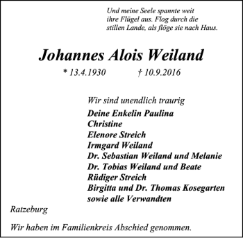 Traueranzeige von Johannes Alois Weiland von Lübecker Nachrichten