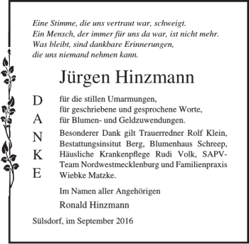 Traueranzeige von Jürgen Hinzmann von Ostsee-Zeitung