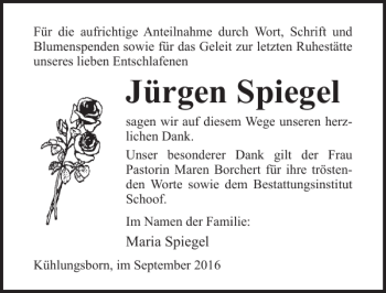 Traueranzeige von Jürgen Spiegel von Ostsee-Zeitung