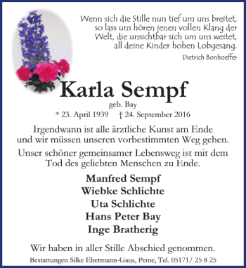 Traueranzeige von Karla Sempf von Peiner Allgemeine Zeitung