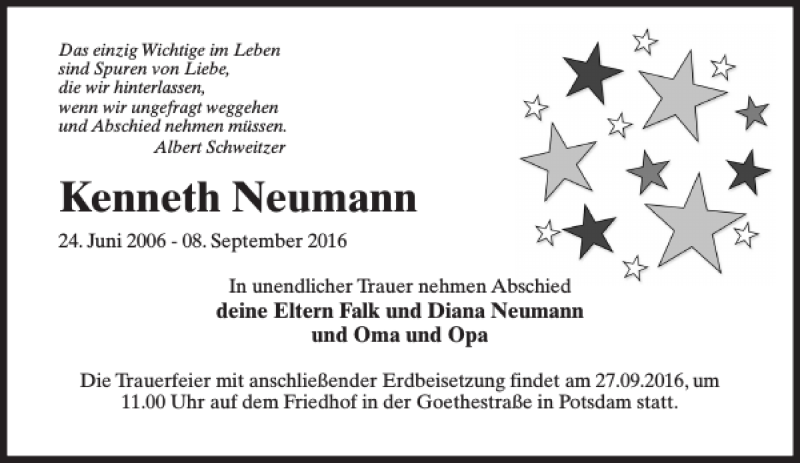  Traueranzeige für Kenneth Neumann vom 17.09.2016 aus MAZ-Trauer.de